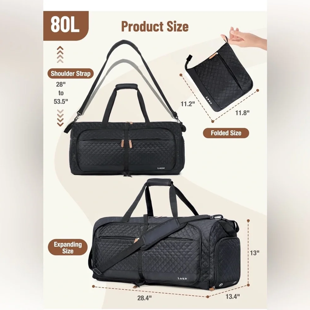 Black Quilted Travel Duffle Bag 80L